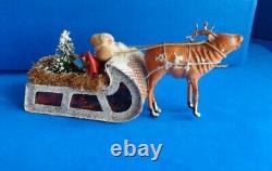 Vintage Xmas Santa Sleigh Reindeer Candy Container- Composition & Spun Cotton