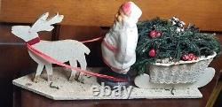 Vintage pressed cardboard mica santa sleigh Reindeer candy container planter