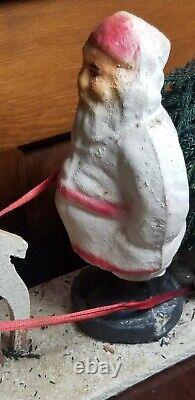 Vintage pressed cardboard mica santa sleigh Reindeer candy container planter