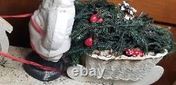 Vintage pressed cardboard mica santa sleigh Reindeer candy container planter