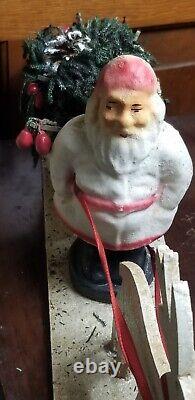 Vintage pressed cardboard mica santa sleigh Reindeer candy container planter