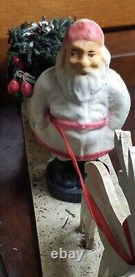 Vintage pressed cardboard mica santa sleigh Reindeer candy container planter