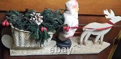 Vintage pressed cardboard mica santa sleigh Reindeer candy container planter