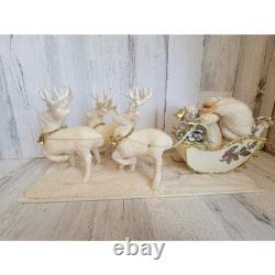 Vintage sleigh reindeer Santa Claus statue figurine white glitter Xmas tinsel