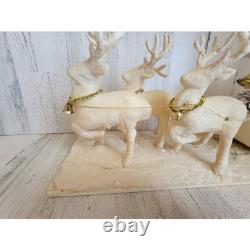 Vintage sleigh reindeer Santa Claus statue figurine white glitter Xmas tinsel