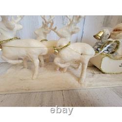 Vintage sleigh reindeer Santa Claus statue figurine white glitter Xmas tinsel