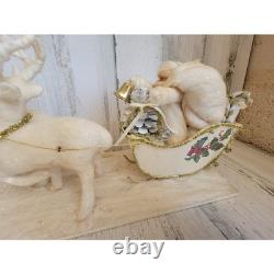 Vintage sleigh reindeer Santa Claus statue figurine white glitter Xmas tinsel