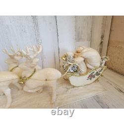 Vintage sleigh reindeer Santa Claus statue figurine white glitter Xmas tinsel