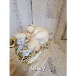 Vintage sleigh reindeer Santa Claus statue figurine white glitter Xmas tinsel