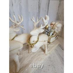 Vintage sleigh reindeer Santa Claus statue figurine white glitter Xmas tinsel