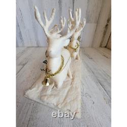 Vintage sleigh reindeer Santa Claus statue figurine white glitter Xmas tinsel
