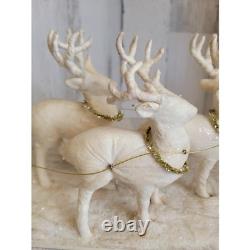 Vintage sleigh reindeer Santa Claus statue figurine white glitter Xmas tinsel