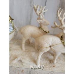 Vintage sleigh reindeer Santa Claus statue figurine white glitter Xmas tinsel