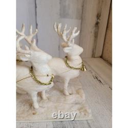 Vintage sleigh reindeer Santa Claus statue figurine white glitter Xmas tinsel