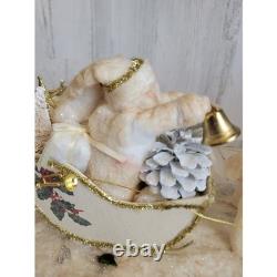 Vintage sleigh reindeer Santa Claus statue figurine white glitter Xmas tinsel