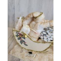 Vintage sleigh reindeer Santa Claus statue figurine white glitter Xmas tinsel