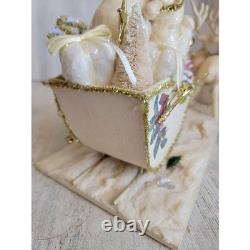 Vintage sleigh reindeer Santa Claus statue figurine white glitter Xmas tinsel