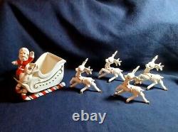 Vntg Santa Claus Sled 4 Reindeer Christmas Candy Container Ceramic Japan 1950's