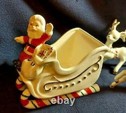 Vntg Santa Claus Sled 4 Reindeer Christmas Candy Container Ceramic Japan 1950's