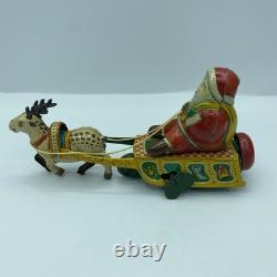 Vtg 1950's Elvin Japan Wind Up Tin Toy Santa Claus Bell Reindeer Drawn Sleigh