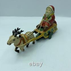 Vtg 1950's Elvin Japan Wind Up Tin Toy Santa Claus Bell Reindeer Drawn Sleigh