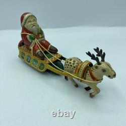 Vtg 1950's Elvin Japan Wind Up Tin Toy Santa Claus Bell Reindeer Drawn Sleigh