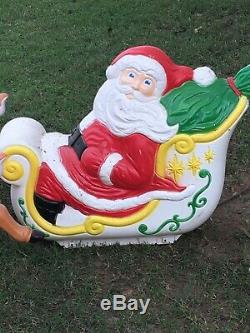 Vtg 1977 Empire Lighted Santa Claus Sleigh Plastic Blow Mold With Reindeer