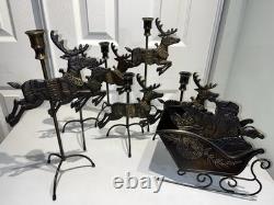 Vtg 1993 Solid Brass 7 Piece Reindeer Candlesticks & Sleigh Santa Xmas Display
