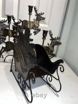 Vtg 1993 Solid Brass 7 Piece Reindeer Candlesticks & Sleigh Santa Xmas Display