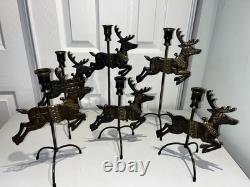 Vtg 1993 Solid Brass 7 Piece Reindeer Candlesticks & Sleigh Santa Xmas Display