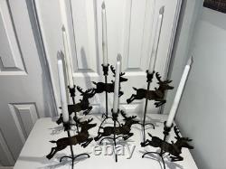 Vtg 1993 Solid Brass 7 Piece Reindeer Candlesticks & Sleigh Santa Xmas Display