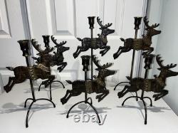Vtg 1993 Solid Brass 7 Piece Reindeer Candlesticks & Sleigh Santa Xmas Display