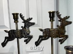 Vtg 1993 Solid Brass 7 Piece Reindeer Candlesticks & Sleigh Santa Xmas Display
