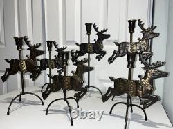 Vtg 1993 Solid Brass 7 Piece Reindeer Candlesticks & Sleigh Santa Xmas Display