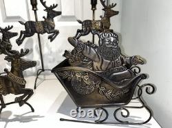 Vtg 1993 Solid Brass 7 Piece Reindeer Candlesticks & Sleigh Santa Xmas Display