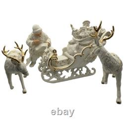 Vtg 2001 Grandeur Porcelain Santa Sleigh Reindeer 4 Pc Set Christmas White Gold
