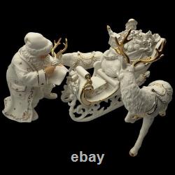 Vtg 2001 Grandeur Porcelain Santa Sleigh Reindeer 4 Pc Set Christmas White Gold