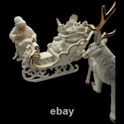 Vtg 2001 Grandeur Porcelain Santa Sleigh Reindeer 4 Pc Set Christmas White Gold