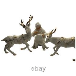 Vtg 2001 Grandeur Porcelain Santa Sleigh Reindeer 4 Pc Set Christmas White Gold