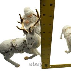 Vtg 2001 Grandeur Porcelain Santa Sleigh Reindeer 4 Pc Set Christmas White Gold