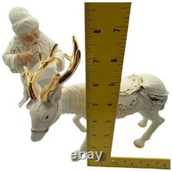 Vtg 2001 Grandeur Porcelain Santa Sleigh Reindeer 4 Pc Set Christmas White Gold