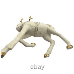 Vtg 2001 Grandeur Porcelain Santa Sleigh Reindeer 4 Pc Set Christmas White Gold