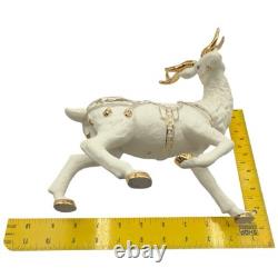 Vtg 2001 Grandeur Porcelain Santa Sleigh Reindeer 4 Pc Set Christmas White Gold