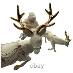 Vtg 2001 Grandeur Porcelain Santa Sleigh Reindeer 4 Pc Set Christmas White Gold