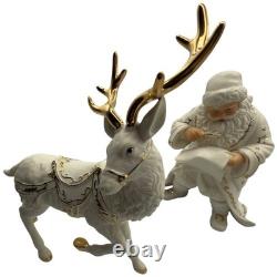Vtg 2001 Grandeur Porcelain Santa Sleigh Reindeer 4 Pc Set Christmas White Gold