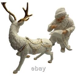 Vtg 2001 Grandeur Porcelain Santa Sleigh Reindeer 4 Pc Set Christmas White Gold