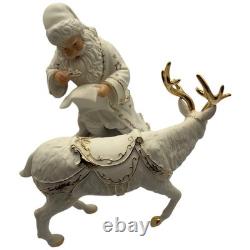 Vtg 2001 Grandeur Porcelain Santa Sleigh Reindeer 4 Pc Set Christmas White Gold