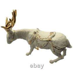 Vtg 2001 Grandeur Porcelain Santa Sleigh Reindeer 4 Pc Set Christmas White Gold