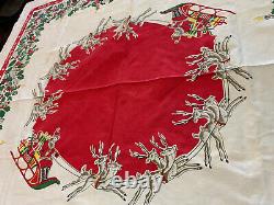 Vtg 50s TABLECLOTH MERRY CHRISTMAS SANTA Holly Reindeer Sleigh Mid Century