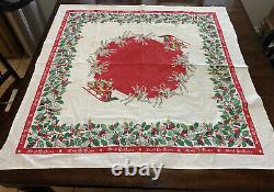 Vtg 50s TABLECLOTH MERRY CHRISTMAS SANTA Holly Reindeer Sleigh Mid Century